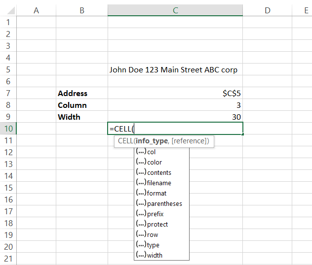 Using the CELL function in Excel