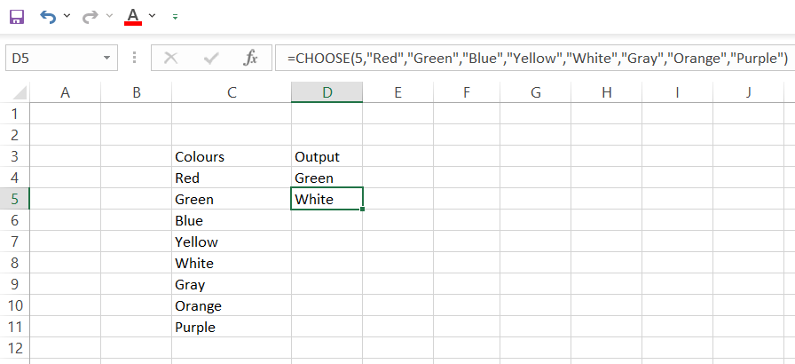 Output of CHOOSE function in Excel