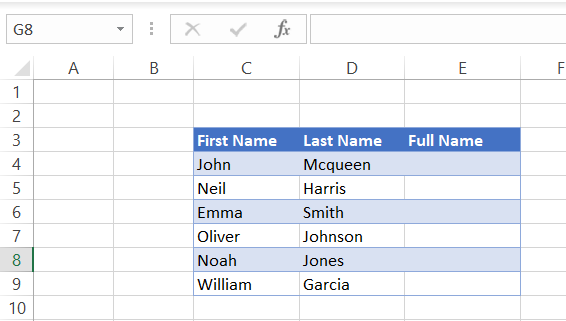 Sample list of first and last names to concatenate in Excel